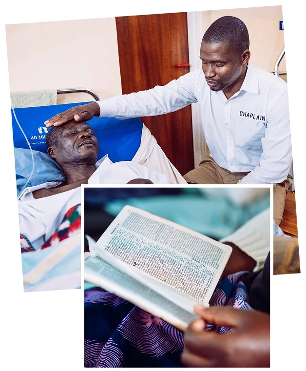 Hospital chaplain praying over a bedridden patient