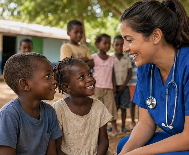 Smiling nurse talking with children during community healthcare visit
