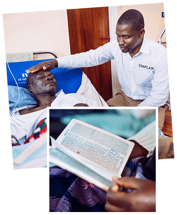 Hospital chaplain praying over a bedridden patient